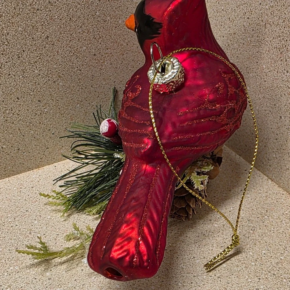Vintage Blown Glass Cardinal Bird  Christmas Ornament Red Glitter Pinecone Base